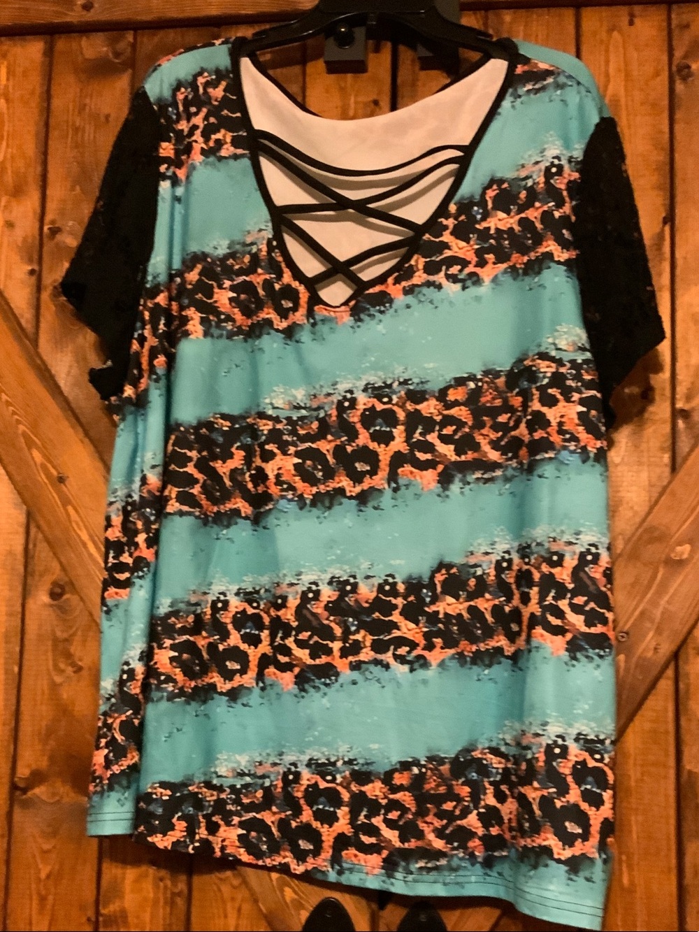 Women’s Aqua Leopard Stripe Crisscross V-Neck Top